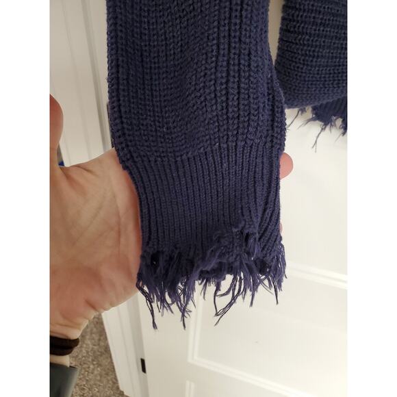 Women's Fate Navy V-Neck Knotted Cotton Sweater w/ Frayed Trim | Size Small - Picture 5 of 7